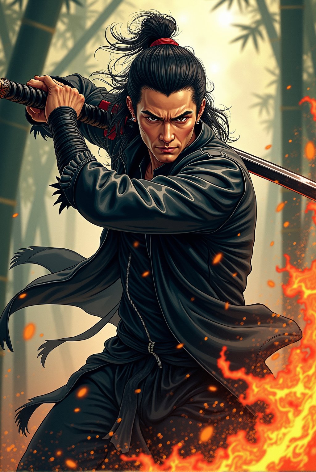 illustration art,ink chinese style,a hansome chinese man with long messy hair,wearing black shirt,black leather jacket,bring a long sword in his back,black sword splasing fire burning,poster mood with dynamic action fighting pose,with bamboo leaf,bammboo forest background and smooky.hyper-realistic,hyper-detailed,UHD,HD,64K,upper_6.