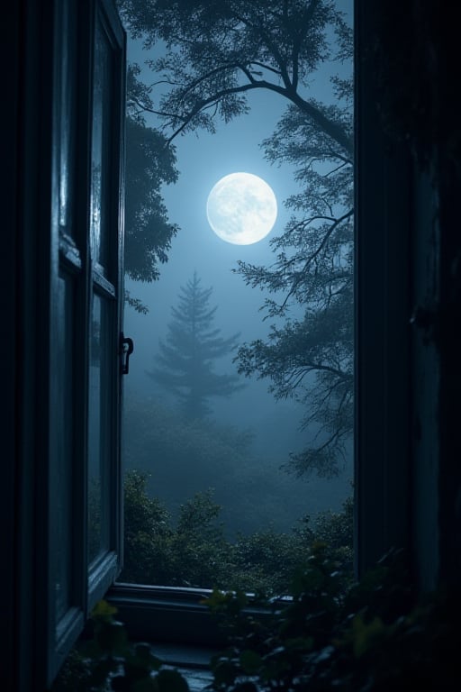 A close-up view of full moonlight from the window,night serene,foggy,lush tree,windy,blooming lush leaf arround.