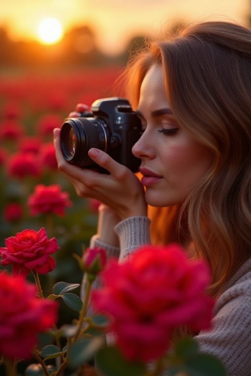Ultra Hyper-realistic.Hyper-detailed.UHD.HD.8K.A beautiful woman holding a hightect cinema camera to shoot a photography o...
