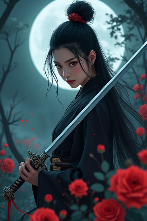 ANIME:A cinematic shot of an imposing figure emerging from the darkness: an acient Orental dynamic stands and holding her sword weapon emit rustling of red roses,eyes scanning the desolate wildreness as she clutes a gleaming silver sword with dragon's head hilt.its blade protuding from mouth.Scar above her left eyebrow tell's battles tale,ready to defend against all comers.Ultra-low angle wide-angle lens capture her commanding.Night serene with full moonlight background.[FLUX]Chinese Woman The Ninja Warrior.