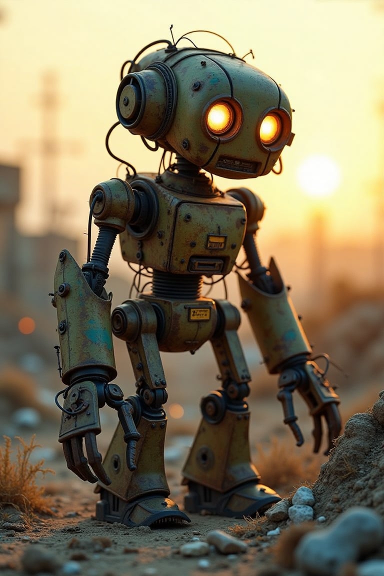 A worn, rusted robot, dubbed 'Trash-Bot', stands amidst a desolate wasteland. Frayed wires and scraps of metal cover its hulking frame. The robot's bright, glowing eyes seem to mock the bleak surroundings. A dumpster lid serves as its makeshift shield, while discarded trash and debris litter the ground. Trash-Bot's mechanical arms splay outwards, as if guarding a forgotten treasure. Dusk settles over the scene, casting a sickly yellow haze over the desolate landscape.