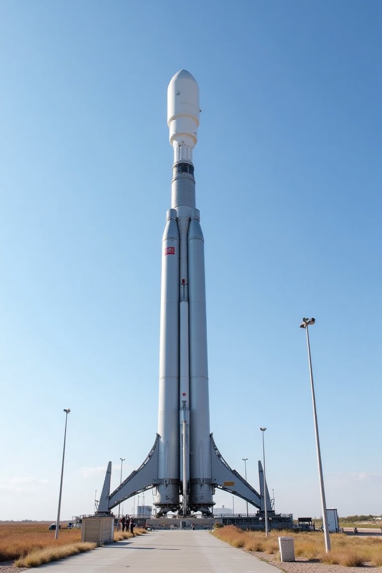 A majestic Space X rocket stands tall on a launchpad, its sleek silver body glistening under the bright sunlight. The powerful engines gleam with precision-crafted engineering, while the slender fins and cylindrical shape evoke a sense of futuristic innovation.