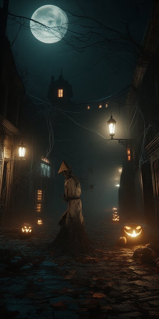 A hauntingly beautiful masterpiece captures a spine-tingling moment: Pyramid Head, donning his iconic mask and tattered apron, ominously approaches two trick-or-treaters in a dimly lit alleyway on a dark Halloween night. The highly detailed, gothic-inspired architecture of the surrounding buildings looms large, while the eerie atmosphere is illuminated by flickering streetlights casting long shadows.