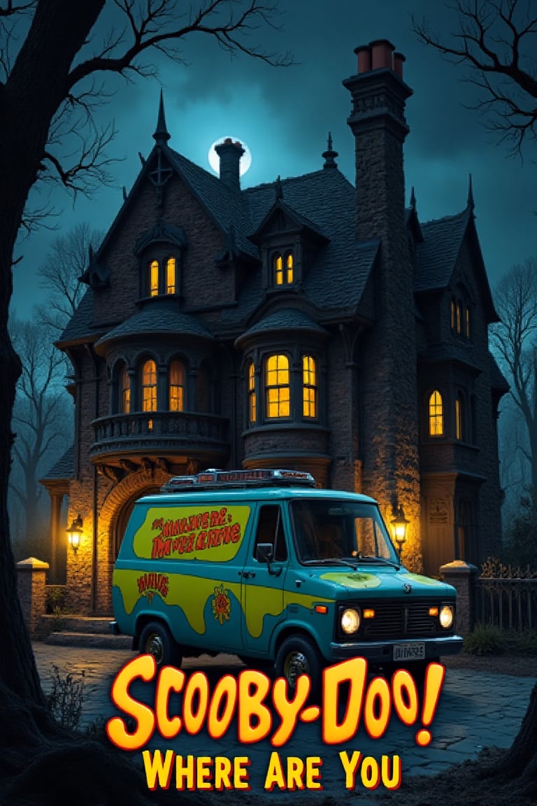 In a eerie midnight setting, the Mystery Machine is parked ominously in front of a foreboding haunted mansion. The building's facade features jagged turrets, crooked chimneys, and crumbling stone walls, all bathed in an unsettling yellow-orange glow from lanterns that seem to flicker with malevolent intent. High-resolution details reveal every nook and cranny, as if the very bricks are alive with dark energy. In the foreground, the Mystery Machine Van's psychedelic paint job seems out of place amidst the sinister surroundings, while the night air is heavy with an aura of foreboding. With text at bottom "Scooby Doo Where are You" in (freaky text) style. (Detailed texts), correct texts.