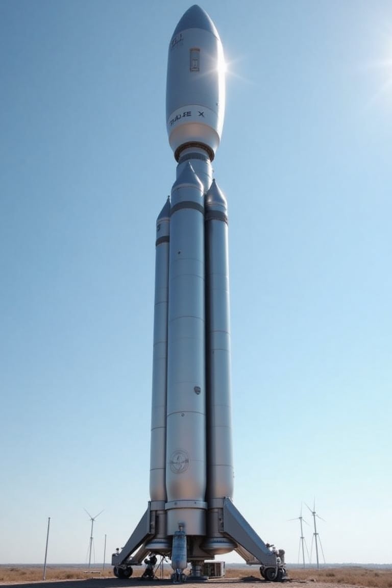 A majestic Space X rocket stands tall on a launchpad, its sleek silver body glistening under the bright sunlight. The powerful engines gleam with precision-crafted engineering, while the slender fins and cylindrical shape evoke a sense of futuristic innovation.