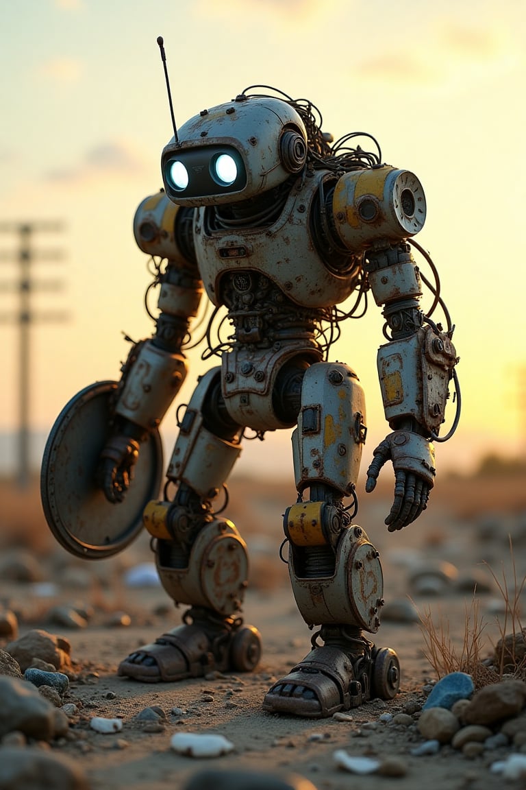 A worn, rusted robot, dubbed 'Trash-Bot', stands amidst a desolate wasteland. Frayed wires and scraps of metal cover its hulking frame. The robot's bright, glowing eyes seem to mock the bleak surroundings. A dumpster lid serves as its makeshift shield, while discarded trash and debris litter the ground. Trash-Bot's mechanical arms splay outwards, as if guarding a forgotten treasure. Dusk settles over the scene, casting a sickly yellow haze over the desolate landscape.