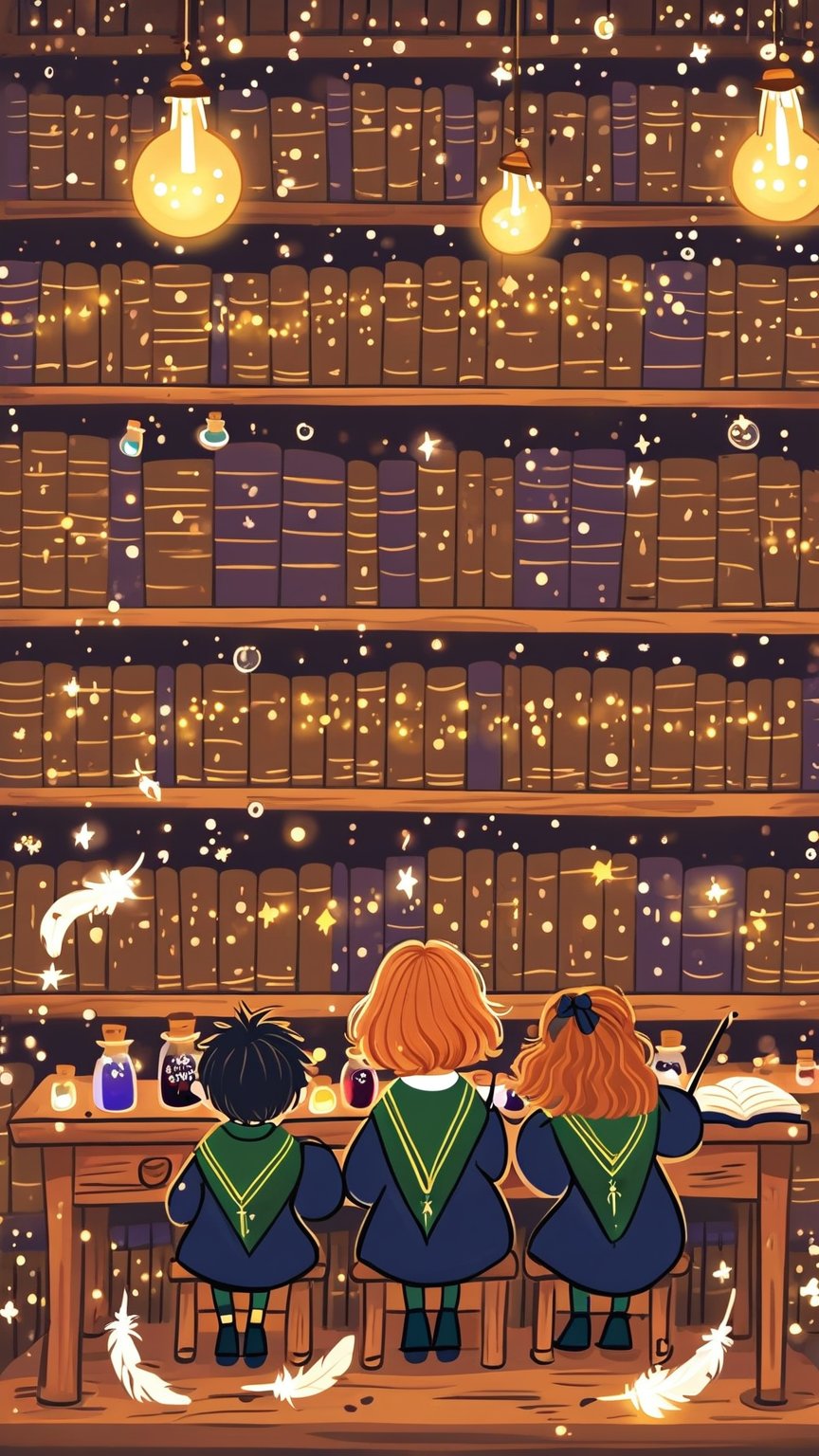 (((magical place, harry potter movie, harry potter, rom weasley, hermonie granger))) In a whimsical 2D illustration style reminiscent of children's storybooks, show a magical classroom scene where three young wizards, Harry Potter, Hermione Granger, and Ron Weasley, are seated at a wooden desk. They are eagerly practicing the 'Wingardium Leviosa' spell, focused on a feather that is floating above their desk. Harry and Hermione appear determined, while Ron looks a bit puzzled. The classroom is colorful and inviting, filled with wooden shelves lined with potion bottles and spell books, along with glowing candles casting a warm light. In the foreground, Professor Flitwick, a cheerful short wizard with a pointy hat, stands with a proud smile, observing the feather that sparkles with magical dust underneath it.