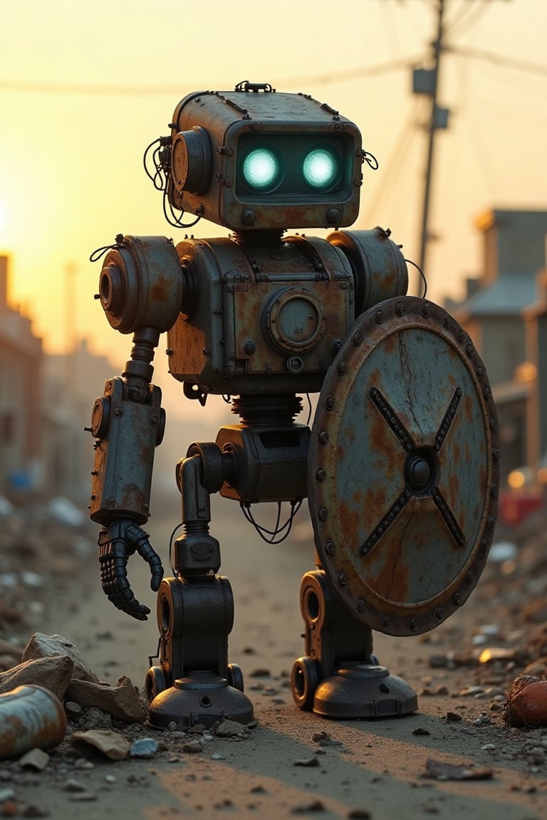 A worn, rusted robot, dubbed 'Trash-Bot', stands amidst a desolate wasteland. Frayed wires and scraps of metal cover its hulking frame. The robot's bright, glowing eyes seem to mock the bleak surroundings. A dumpster lid serves as its makeshift shield, while discarded trash and debris litter the ground. Trash-Bot's mechanical arms splay outwards, as if guarding a forgotten treasure. Dusk settles over the scene, casting a sickly yellow haze over the desolate landscape.