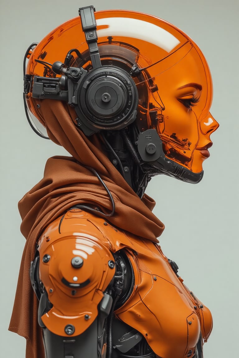 poster of A cyber spacepunk hijabis girl wear orange transparent glass helmet armour suit Orenz style, with long hijab and pashmina. she wear mecha armour , featuring black wires and tubes on its body, in profile view. the cyberpunk in dynamic action pose style.The style is futuristic sci-fi art with elements of dark gray and light bronze, showcasing hyper-realistic details. It has an illustrative quality to it with an emphasis on the character's head being transparent. This design incorporates elements from retro-futurism and neo-porcelain style. n dynamic modeling pose, cinematic style, high resolution, high detail, high quality, high contrast, professional photography, professional lighting, precise details, solid color background, masterpiece, best quality, highres, perfect artwork, best design award winner. hipster style