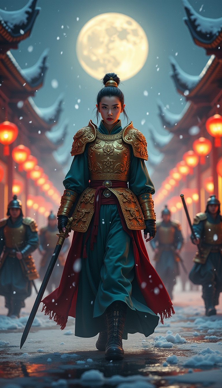 An ancient Chinese city street setting,
ancient China, city street, nighttime, full moon, soldiers, winter, snow-covered rooftops, traditional architecture, lanterns,
in the middle, a female general stands confidently, wearing heavenly golden armor and wielding a long sword, as soldiers rush past her, the moonlight illuminating her fierce expression amidst the falling snow.