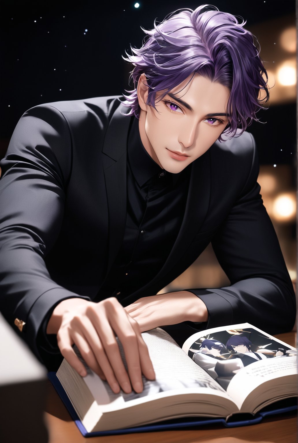 1man, real photo, Japanese manga style, purple-haired male, black eyelashes, long eyelashes, violet eyes, detailed hair, short hair, mature and handsome face, giving him a natural leader's temperament, giving people a quiet feeling A meditative feeling. He looks directly at the viewer, sitting on a table with a book, his violet eyes twinkling with subtlety.,score_9, score_8_up, score_7_up,Dark background, blurred depth of field, dots of stars