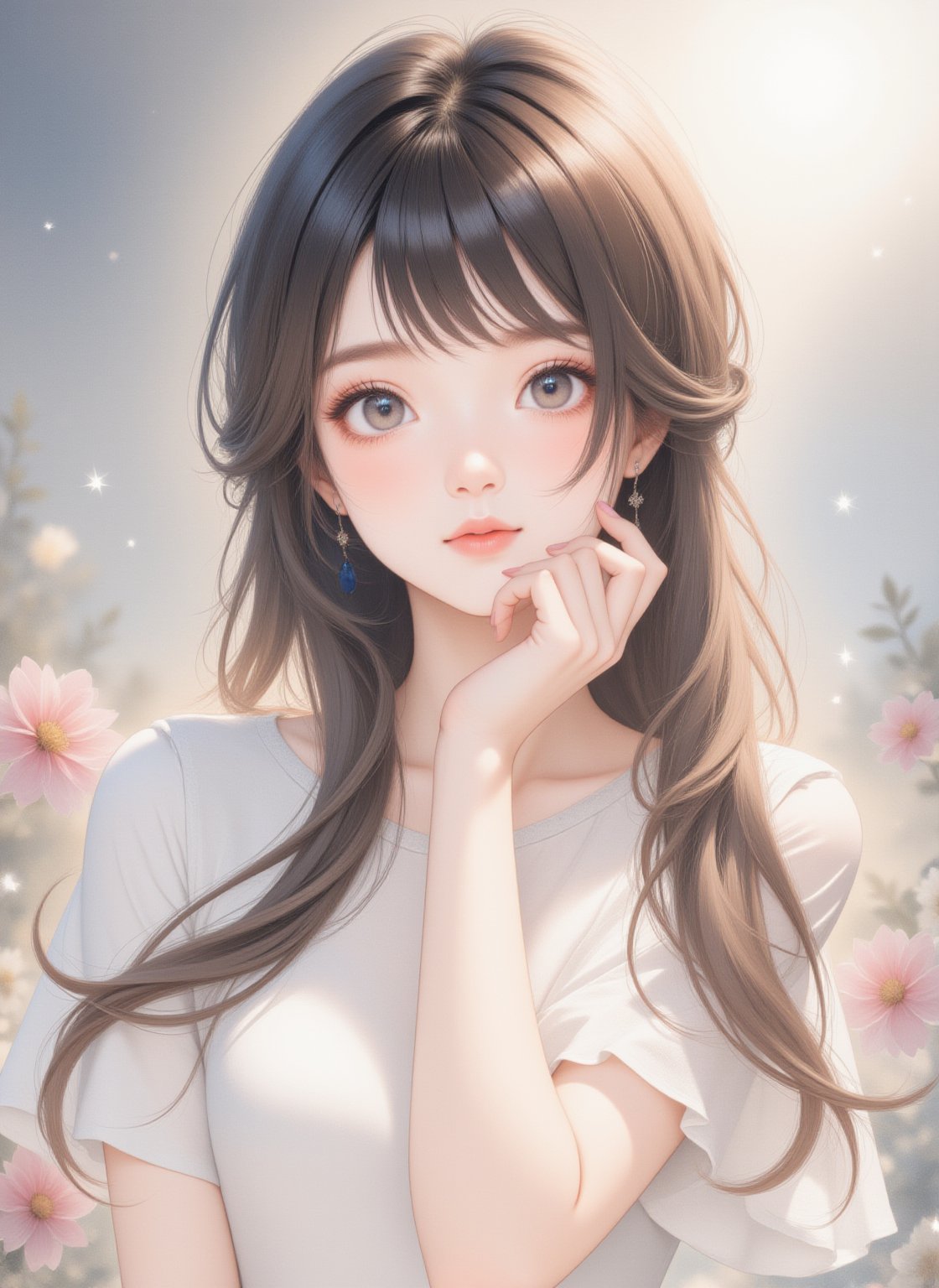 64K ultra-clear, ultra-high definition, ultra-high level, ultra-high quality, soft colors, true light and shadow, rich colors, Korean transparent pastel, watercolor rendering, long-haired girl, half body, white dress, sparkling stars, background flowers, light color background, depth of field blur