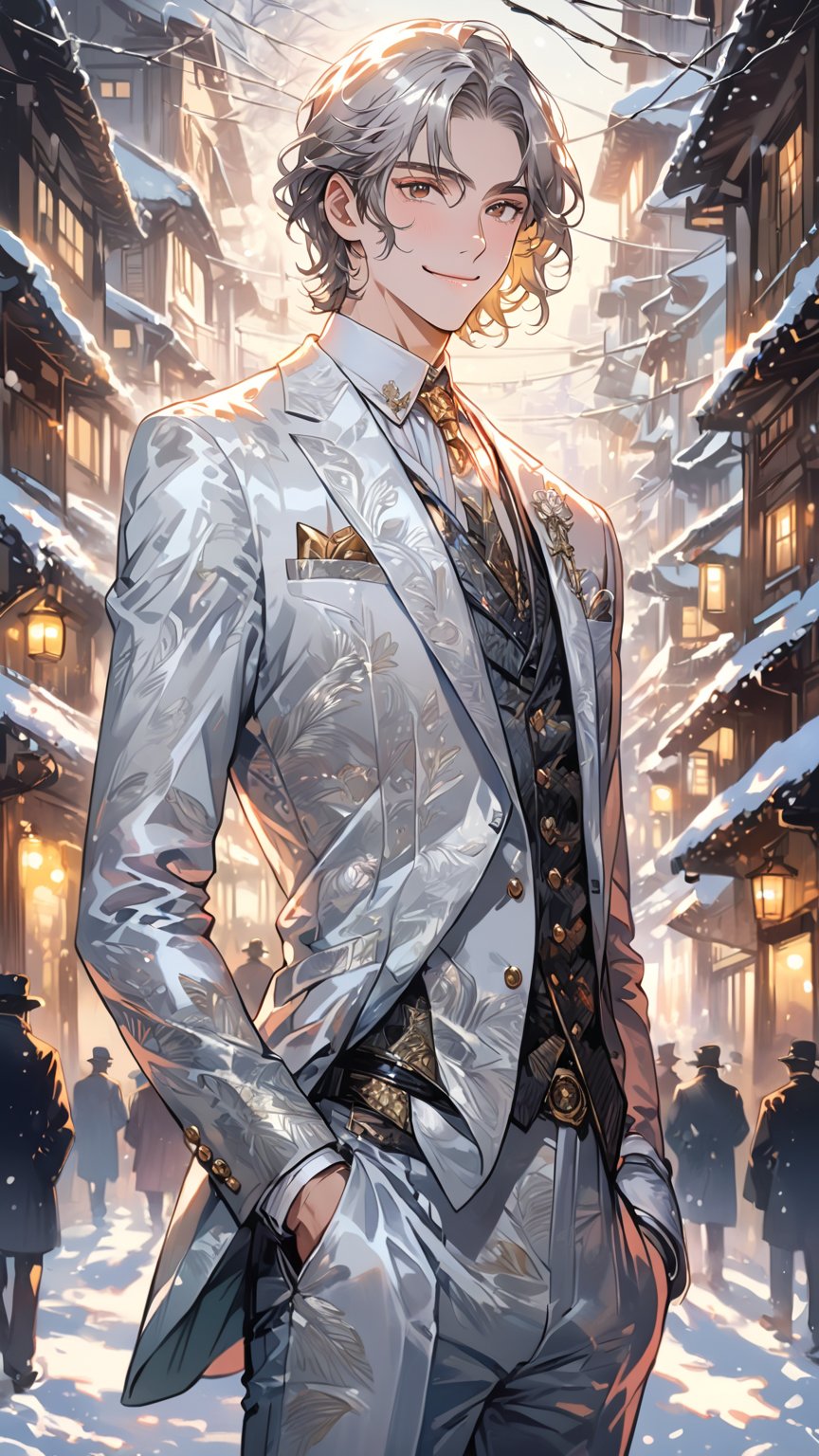 64K ultra-clear, ultra-high definition, ultra-high level, ultra-high quality, soft colors, true light and shadow, rich colors, Japanese photo animation, impressionist style, clear facial features, detailed appearance, handsome, 1 person, 18-year-old male, transparent watercolor, gold and silver powder rendering effect, white textured suit suit, seven figures, tilted perspective, smiling and enjoying the natural breeze, snow scene , delicate and beautiful, the early morning sunlight, the light and shadow are delicately shining on him, and the depth of field is blurred.