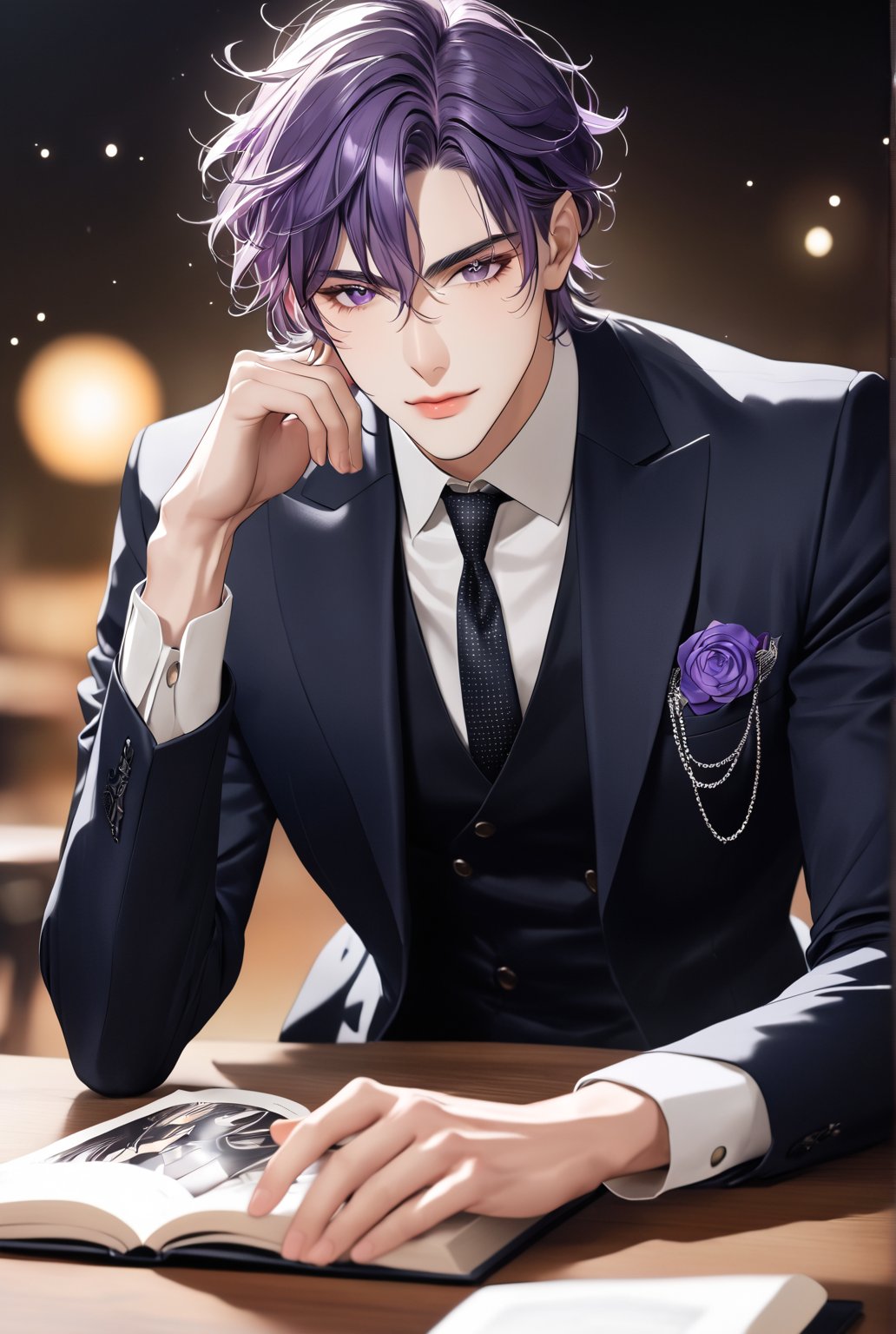 1man, real photo, Japanese manga style, purple-haired male, black eyelashes, long eyelashes, violet eyes, detailed hair, short hair, mature and handsome face, giving him a natural leader's temperament, giving people a quiet feeling A meditative feeling. He looks directly at the viewer, sitting on a table with a book, his violet eyes twinkling with subtlety.,score_9, score_8_up, score_7_up,Dark background, blurred depth of field, dots of stars