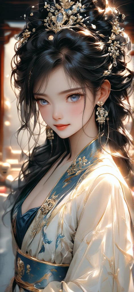 64K ultra-clear, ultra-high definition, ultra-high level, ultra-high quality, soft colors, true light and shadow, rich colors, 1 girl, black hair, Chinese girl, smile, gorgeous Hanfu, costumes of ancient Chinese concubines, gorgeous headdress, half body, background is a garden, delicate light and shadow, exquisite details, delicate brushwork and elegant composition, depth of field blur .