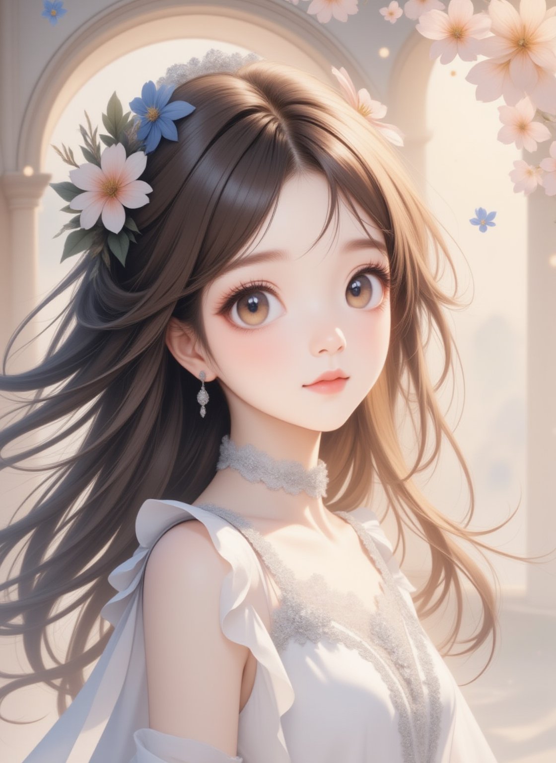 64K ultra-clear, ultra-high definition, ultra-high level, ultra-high quality, soft colors, true light and shadow, rich colors, Korean transparent pastel, watercolor rendering, long-haired girl, half body, white dress, sparkling stars, background flowers, light color background, depth of field blur