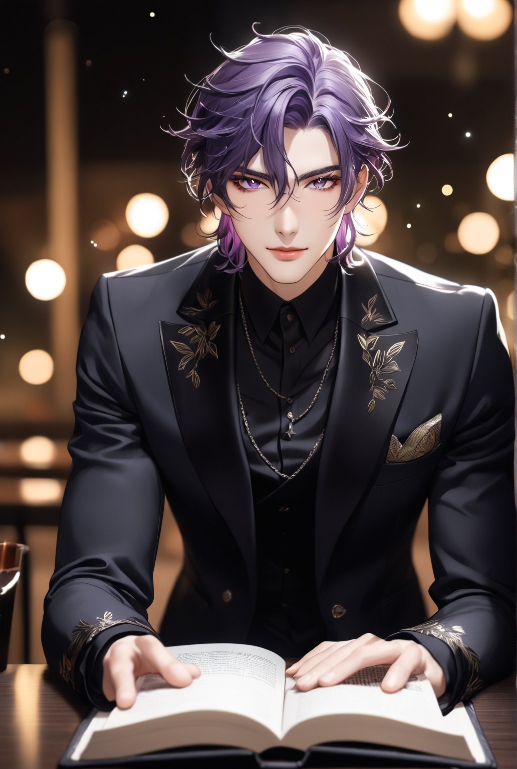 1man, real photo, Japanese manga style, purple-haired male, black eyelashes, long eyelashes, violet eyes, detailed hair, short hair, mature and handsome face, giving him a natural leader's temperament, giving people a quiet feeling A meditative feeling. He looks directly at the viewer, sitting on a table with a book, his violet eyes twinkling with subtlety.,score_9, score_8_up, score_7_up,Dark background, blurred depth of field, dots of stars