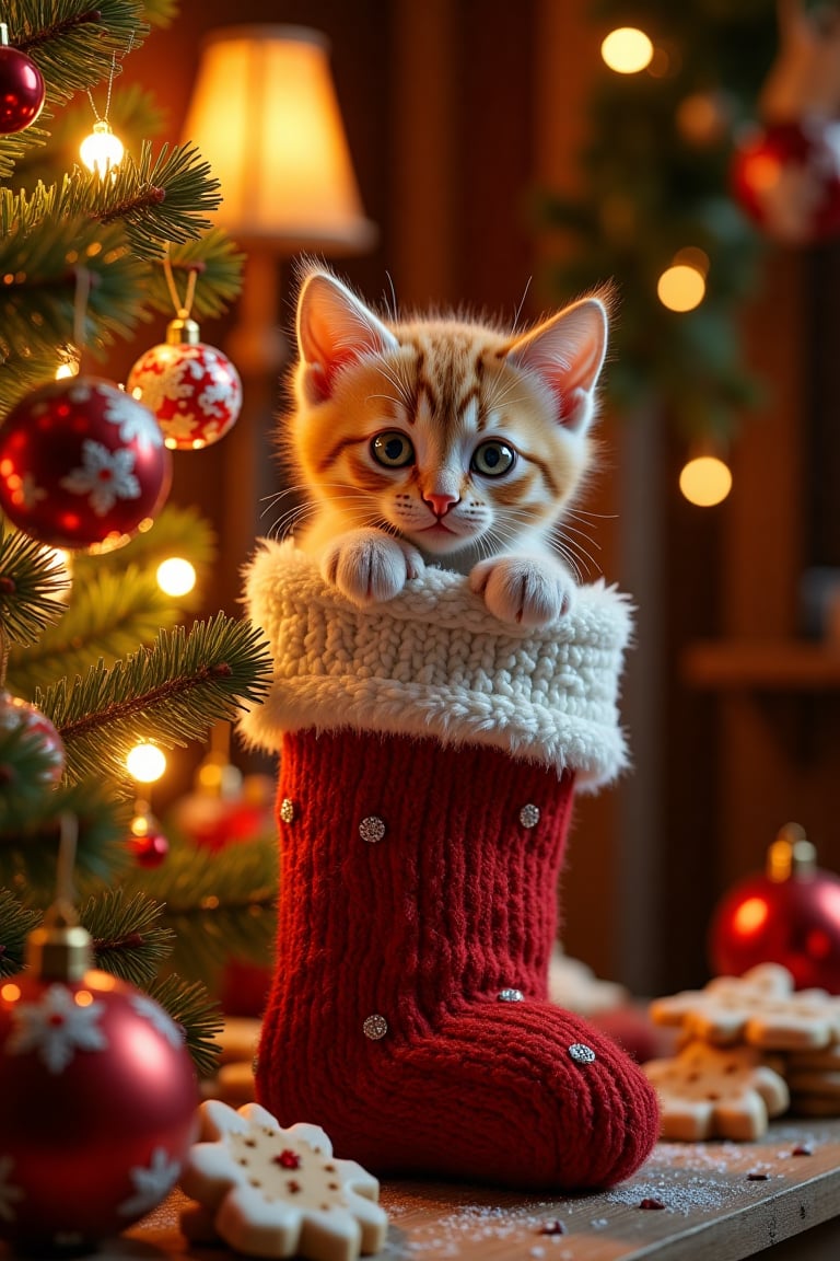A cute kitten peeking out from a Christmas stocking,  set in a beautiful vintage Christmas room with Christmas balls and c...