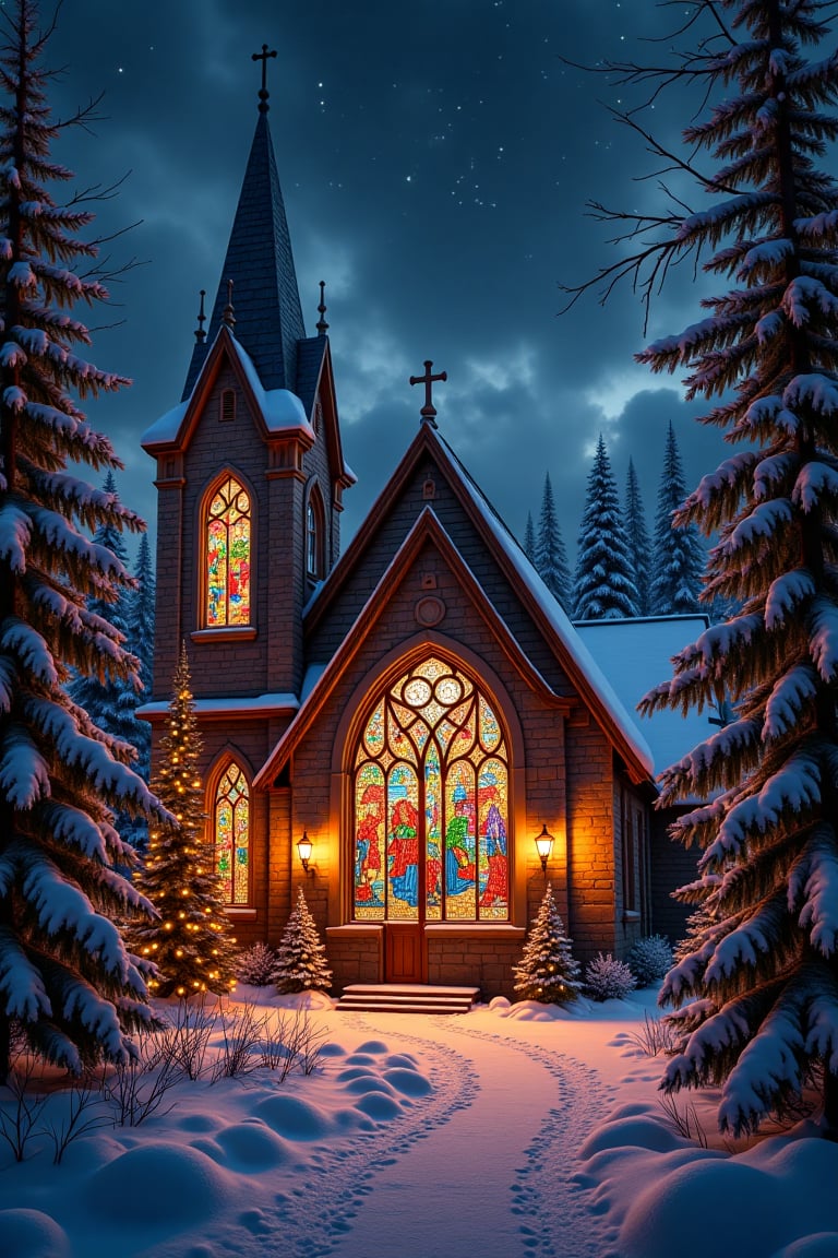 Close-up of a beautiful church illuminated in the stillness of a winter night,  featuring a magnificent stained-glass wind...