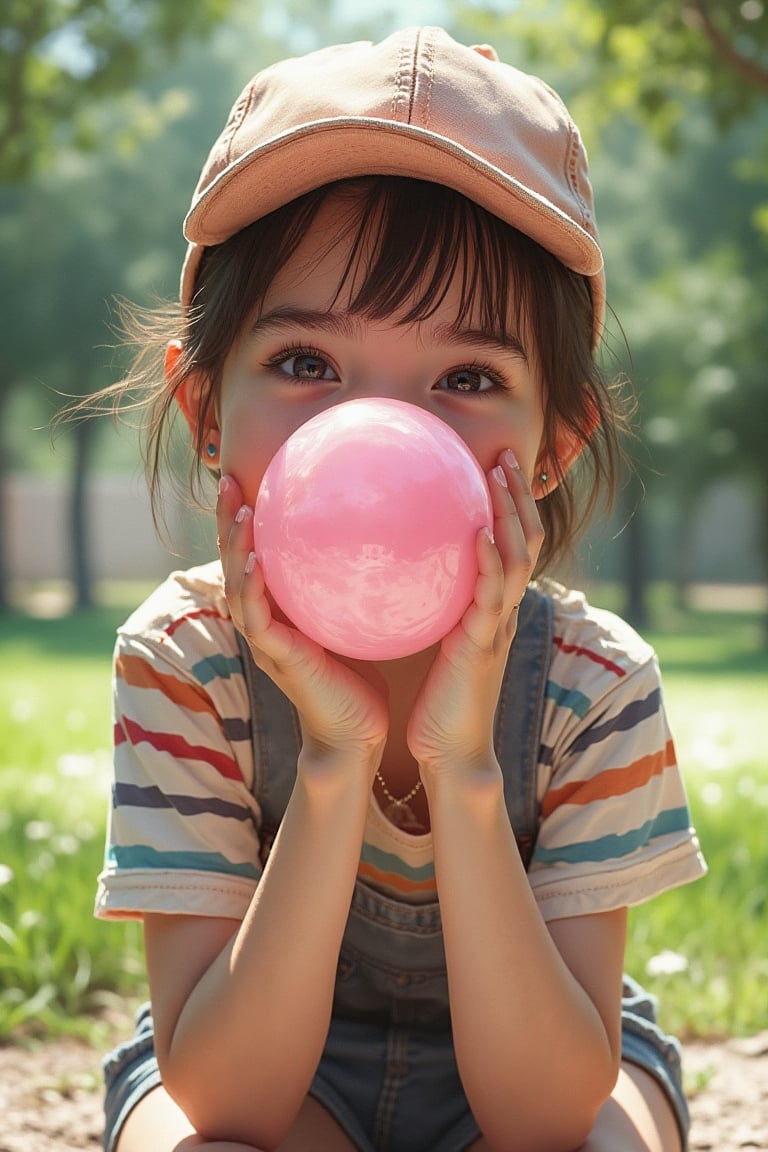 a cheeky 4 year old anime girl,  she is blowing with her mouth one perfect pink bubble gum bubble,  wear a cap and a strip...