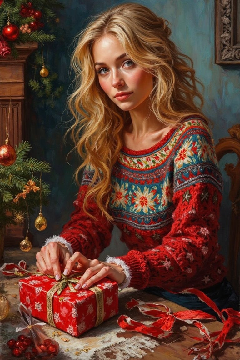 "a pretty blond hair woman wear a beautiful colorful christmas sweater,  she is wrapping a christmas gift,  in a festive d...
