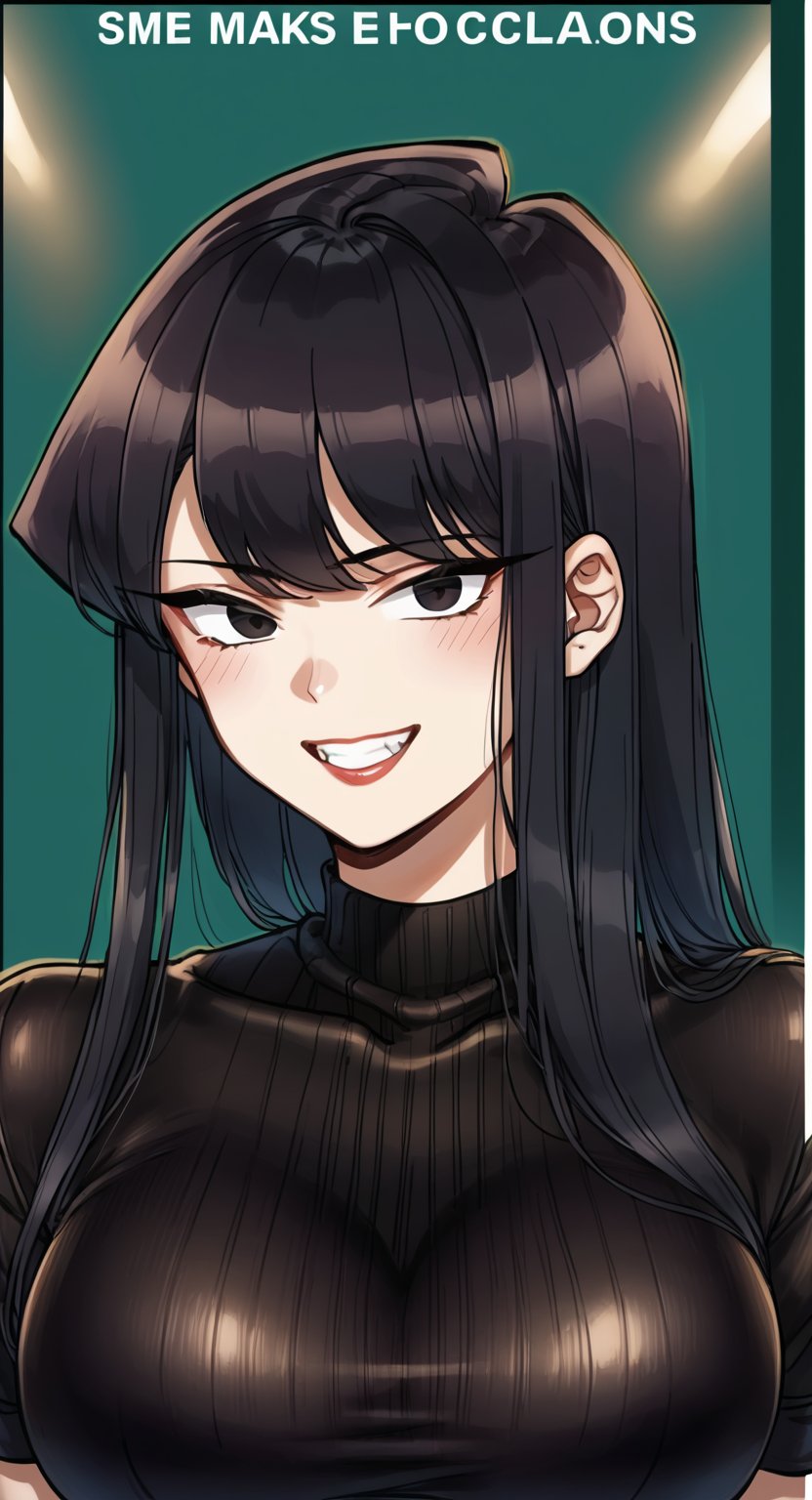 A dramatic anime-inspired illustration of Komi Shouko from the Plunder Hentai Style series. Framed in a tight shot, her piercing black eyes lock onto the viewer as she gazes upwards with a mischievous grin. Her long, raven-black hair cascades down her back, framing her face and flowing bangs. In the background, subtle hints of looting or plundering suggest a sense of chaos and adventure. The overall aesthetic is reminiscent of a high-stakes anime action scene.