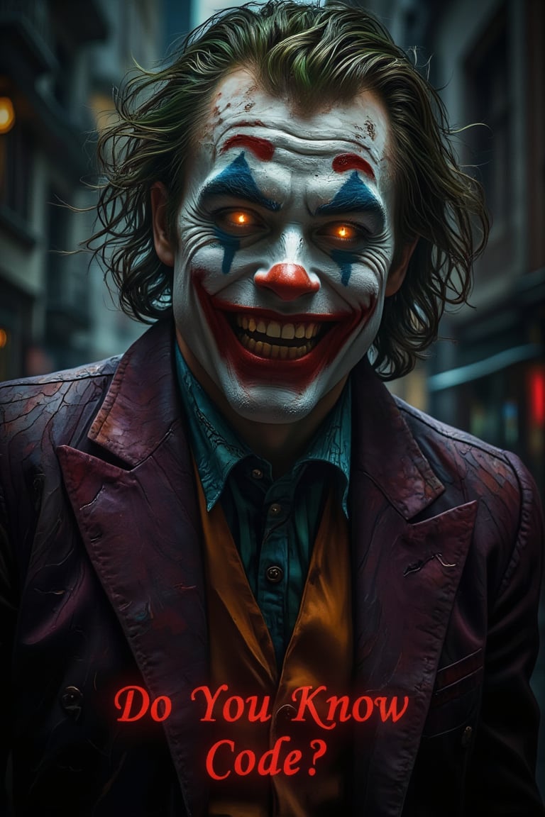 A haunting full-body shot of the Joker's twisted grin, seething with maniacal intensity against a dark and gritty urban backdrop. The camera captures every detail of his pale face, eyes glowing ,warped into a grotesque grimace, with yellow and crooked teeth. By ZloyOrk style. Abstract Lighting. His sharp, angular features seem to defy the dim lighting, which highlights his otherworldly presence amidst the crimson glow of Gotham City's night sky. The Red letters text, Do You Know Code? adds an air of mocking sarcasm to this eerie scene, as if the Joker is daring the viewer to take a peek into his twisted world. 