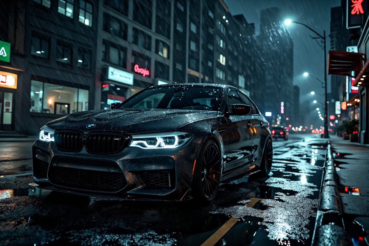 A high-resolution cinematic wallpaper featuring a sleek BMW M5 cs level performance car parked on a rain-slicked, dimly lit street in an urban night setting. The car is positioned at a slight angle, showcasing its aerodynamic shape and bold lines, with the iconic M logo prominently displayed on the grille and side panels. A single streetlight casts a dramatic glow, illuminating the car’s metallic surface, which reflects hints of neon signs from nearby buildings. The background recedes into shadowy layers of cityscape, with distant skyscrapers partially obscured by fog and a few faint lights peeking through. The ground shows reflections of the car’s headlights and surrounding lights, creating a layered, immersive depth effect. The atmosphere is dark, mysterious, and intense, with shadows and subtle highlights enhancing the car's contours and the gritty urban surroundings, pulling viewers into a captivating, high-speed world.
The entire scene has an eerie, three-dimensional effect, with the rain falling around him and reflections shimmering in puddles on the ground. Shadows and highlights bring out his sinister expression, accentuated by the haunting depth of the urban landscape. The atmosphere is tense and ominous, drawing viewers into a dark, chaotic world, evoking the raw, unrestrained energy of Gotham’s underworld,ios wallpaper.