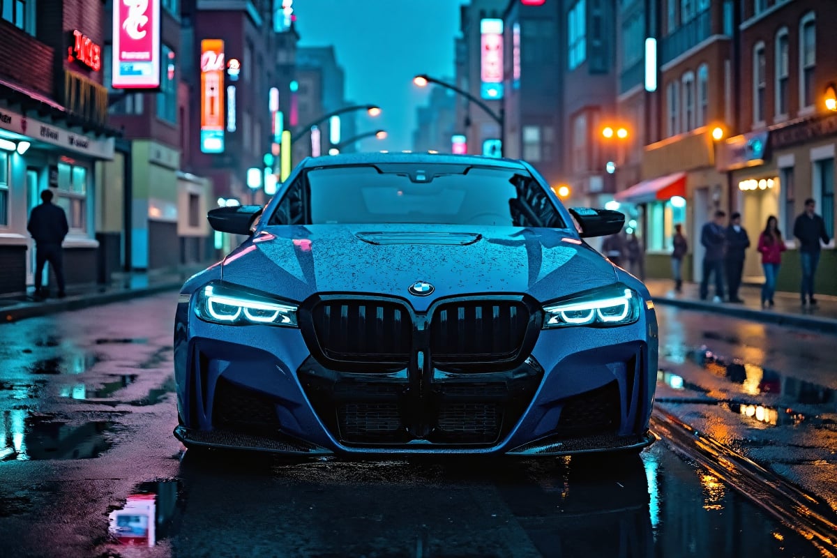 "A high-resolution cinematic wallpaper showcasing a sleek BMW M series sports car in vibrant color, parked in the center and a little top view in a dimly lit urban street at night. The car’s polished body is fully in focus, with lighting highlighting its distinct grille, iconic M series logo, and signature aerodynamic lines. Subtle neon lights from nearby buildings reflect off its glossy surface, adding depth and emphasizing the car's metallic blue finish. The headlights are illuminated, casting a soft, controlled glow onto the rain-slicked street, which mirrors the car’s details. The background is blurred slightly to keep full attention on the car, with hints of distant city buildings and fog enhancing the depth effect. The overall scene is dramatic and refined, capturing the car’s power and elegance with balanced, crisp lighting that brings every detail into sharp focus.,carbon