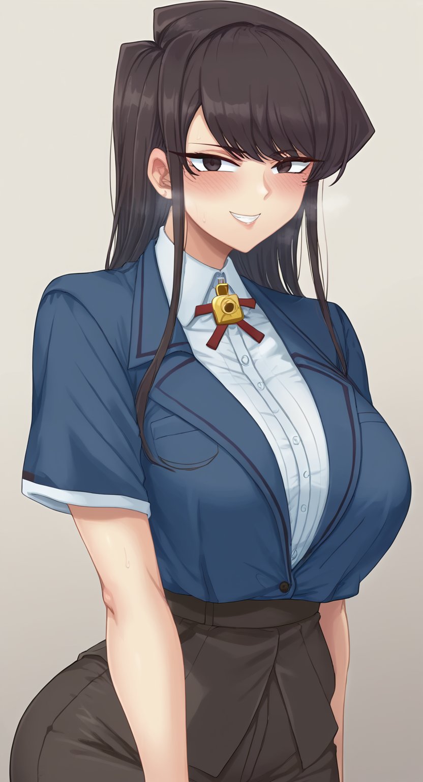 A dramatic anime-inspired illustration of Komi Shouko from the Plunder Hentai Style series. Framed in a tight shot, her piercing black eyes lock onto the viewer as she gazes upwards with a mischievous grin. Her long, raven-black hair cascades down her back, framing her face and flowing bangs. In the background, subtle hints of looting or plundering suggest a sense of chaos and adventure. The overall aesthetic is reminiscent of a high-stakes anime action scene.