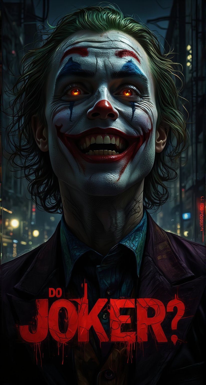 A haunting full-body shot of the Joker's twisted grin, seething with maniacal intensity against a dark and gritty urban backdrop. The camera captures every detail of his pale face, eyes glowing ,warped into a grotesque grimace, with yellow and crooked teeth. By ZloyOrk style. Abstract Lighting. His sharp, angular features seem to defy the dim lighting, which highlights his otherworldly presence amidst the crimson glow of Gotham City's night sky. The Red letters text, Do You Know Code? adds an air of mocking sarcasm to this eerie scene, as if the Joker is daring the viewer to take a peek into his twisted world. 