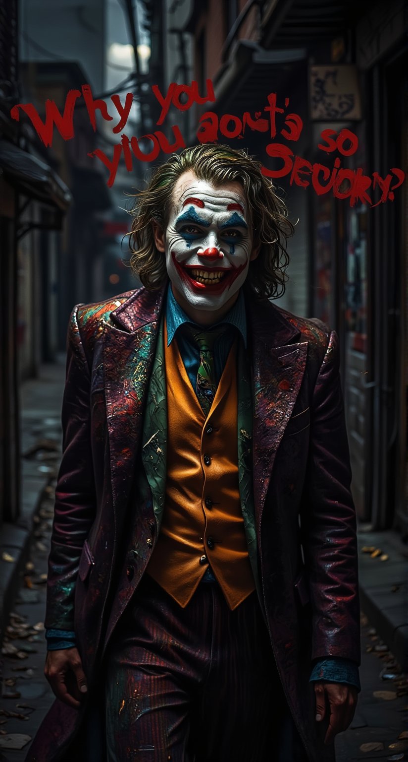 A haunting full-body shot of the Joker's twisted grin, seething with maniacal intensity against a dark and gritty urban backdrop. The camera captures every detail of his pale face, warped into a grotesque grimace, with yellow and crooked teeth. By ZloyOrk style. Abstract Lighting. His sharp, angular features seem to defy the dim lighting, which highlights his otherworldly presence amidst the crimson glow of Gotham City's night sky. The Red letters text, Why you so serious? adds an air of mocking sarcasm to this eerie scene, as if the Joker is daring the viewer to take a peek into his twisted world.