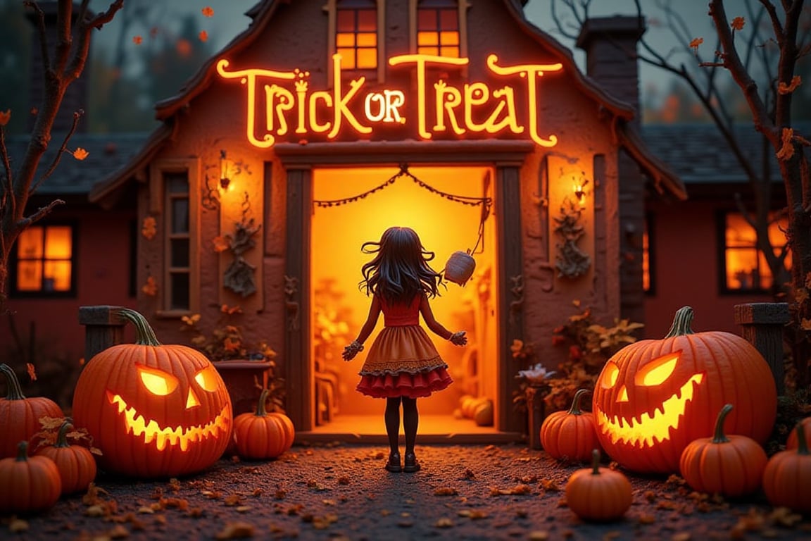 ((full body shot)), (((jack-o-lantern))), ((pumpkins)), (((old crooked houses))), at the doors love to trick-or-treat, funny, happy, joyful, loving, (((perfect text title, "Trick or Treat", in orange text))),Highly detailed Halloween style figure,Halloween_Figure,perfect text title,text title style