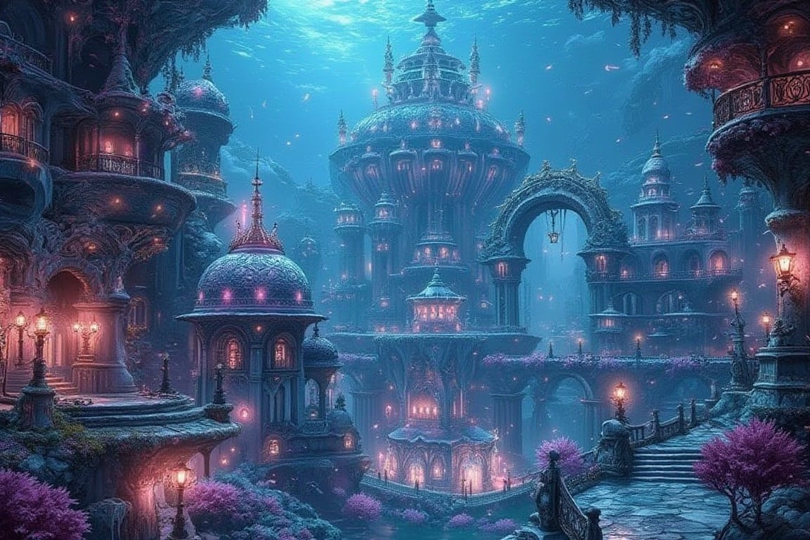 Coral city of the deep panorama, filigree otherwordly architecture, bright aquamarin and pink lights, smudge, splash, stain, watercolor, alphonse mucha, rococo, iridescent, whimsical, hd fine art, concept art, fantasy art, unreal engine, colorful, intricate, elaborate, volumetric lighting, 8K, ultra hd, realistic, vivid colors, highly detailed, UHD drawing, pen and ink, perfect composition, beautiful detailed intricate insanely detailed octane render trending on artstation, 8k artistic photography, photorealistic concept art, soft natural volumetric cinematic perfect light, perfect composition, beautiful detailed intricate insanely detailed octane render trending on artstation, 8 k artistic photography, photorealistic concept art, soft natural volumetric cinematic perfect light
