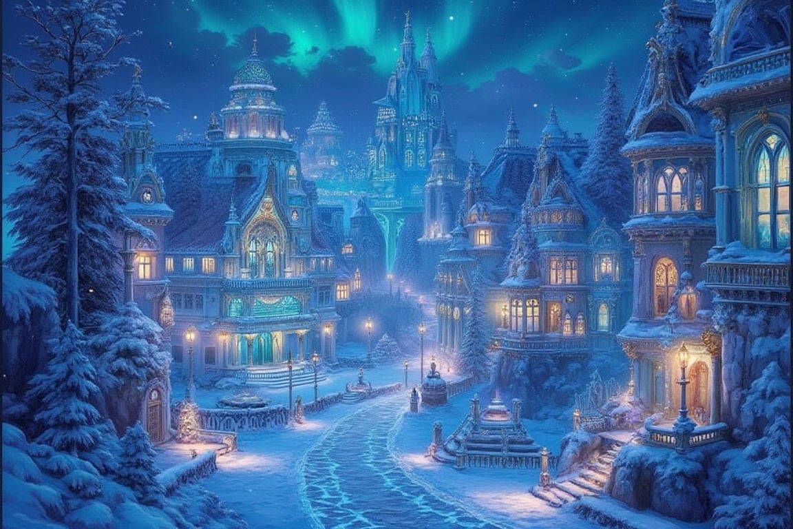 Ice city of the North panorama, Aurora Borealis, filigree otherwordly architecture, bright lights, smudge, splash, stain, watercolor, alphonse mucha, rococo, iridescent, whimsical, hd fine art, concept art, fantasy art, unreal engine, colorful, intricate, elaborate, volumetric lighting, 8K, ultra hd, realistic, vivid colors, highly detailed, UHD drawing, pen and ink, perfect composition, beautiful detailed intricate insanely detailed octane render trending on artstation, 8k artistic photography, photorealistic concept art, soft natural volumetric cinematic perfect light, perfect composition, beautiful detailed intricate insanely detailed octane render trending on artstation, 8 k artistic photography, photorealistic concept art, soft natural volumetric cinematic perfect light
