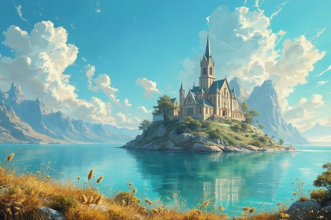Floating island chapel,  idyllic scene,  Gothic-style church by Poloniya on Tensor.Art
