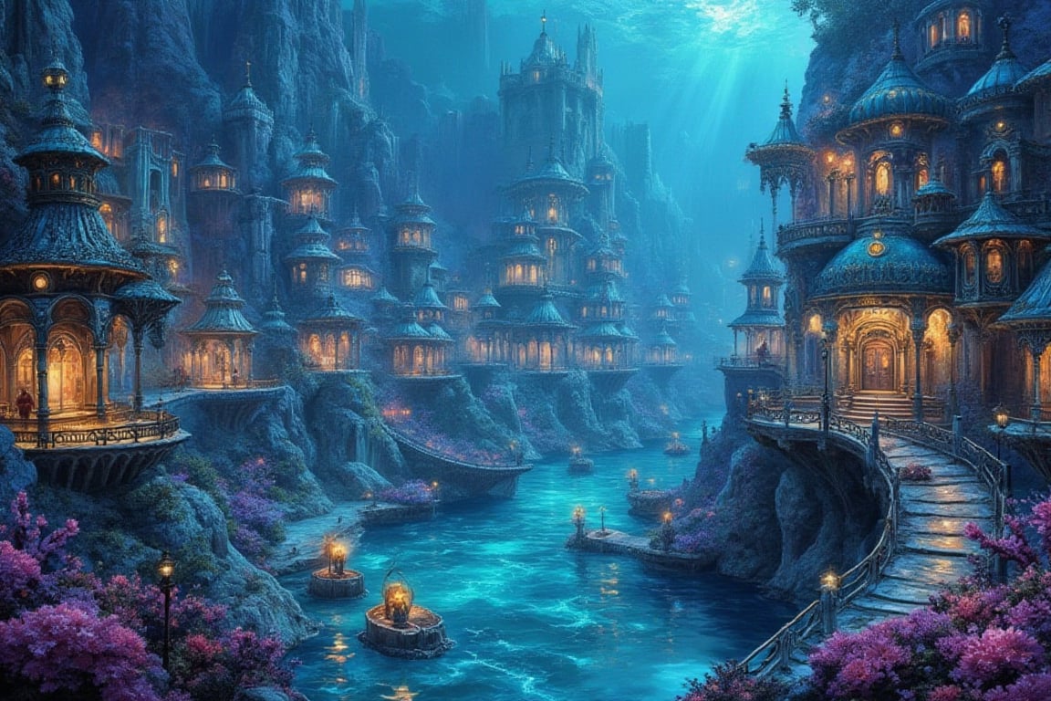 Coral city of the deep panorama, filigree ancient architecture, bright aquamarin and lazur lights, smudge, splash, stain, watercolor, alphonse mucha, rococo, iridescent, whimsical, hd fine art, concept art, fantasy art, unreal engine, colorful, intricate, elaborate, volumetric lighting, 8K, ultra hd, realistic, vivid colors, highly detailed, UHD drawing, pen and ink, perfect composition, beautiful detailed intricate insanely detailed octane render trending on artstation, 8k artistic photography, photorealistic concept art, soft natural volumetric cinematic perfect light, perfect composition, beautiful detailed intricate insanely detailed octane render trending on artstation, 8 k artistic photography, photorealistic concept art, soft natural volumetric cinematic perfect light
