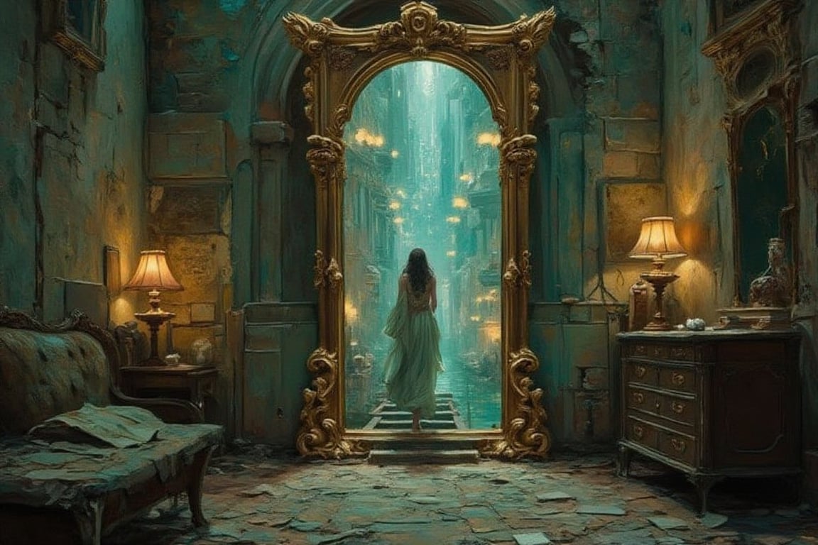 A dilapidated room with a large,  ornate golden-framed mirror standing against the wall. The mirror serves as a portal,  s...