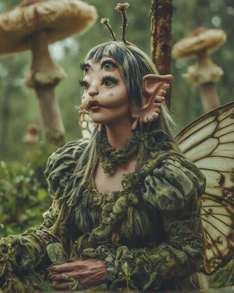 a full body shot of a woman in a lush green forest with tall huge mushrooms, she's wearing a mossy green and stone typa dress, she has huge butterfly wings and has really really long hair that goes to her feet, her hair color is split dyed, half black half white, she's sitting on an abandoned and rusty merry go round.