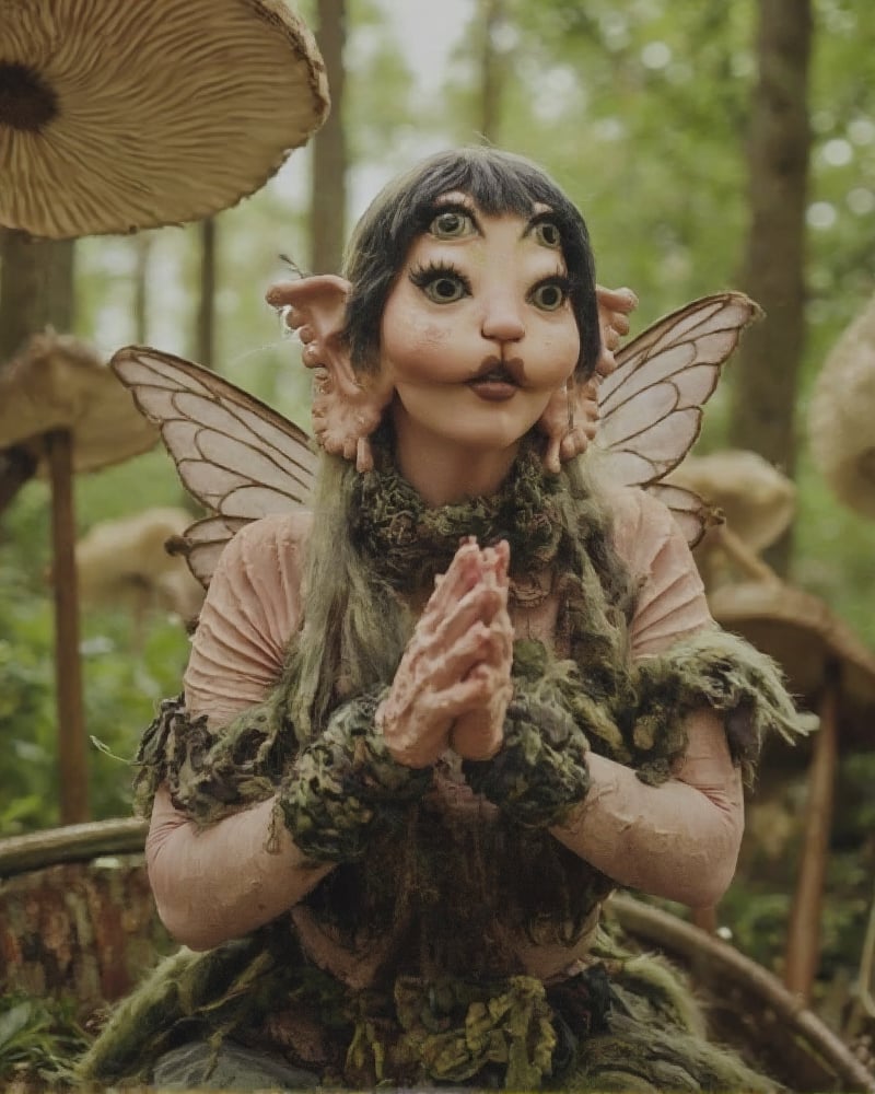 a full body shot of a woman in a lush green forest with tall huge mushrooms, she's wearing a mossy green and stone typa dress, she has huge butterfly wings and has really really long hair that goes to her feet, her hair color is split dyed, half black half white, she's sitting on an abandoned and rusty merry go round.