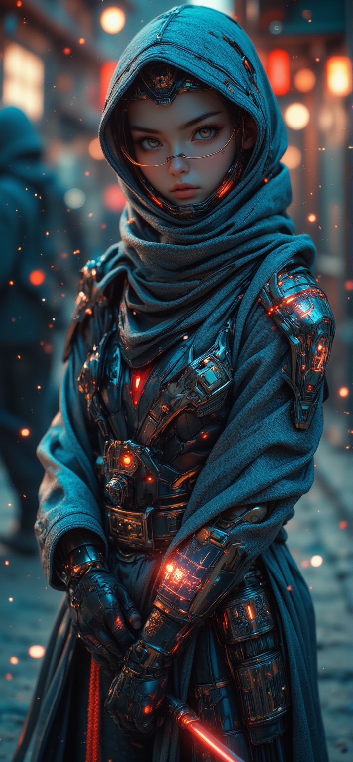 Close-up of a person in a sword costume, wear futuristic suit cybershawl and long hijab、screenshot、Cyberpunk art、Lü Ji、Cyber Japan Armor、Cyber Japan Samurai Armor、Cyber Japan style armor、Cyberpunk Anime Girl、Very beautiful cyberpunk samurai、whole body, FLUX_QTNimE_2,NiJi_2_FLUX,REALNIME,cybershawl