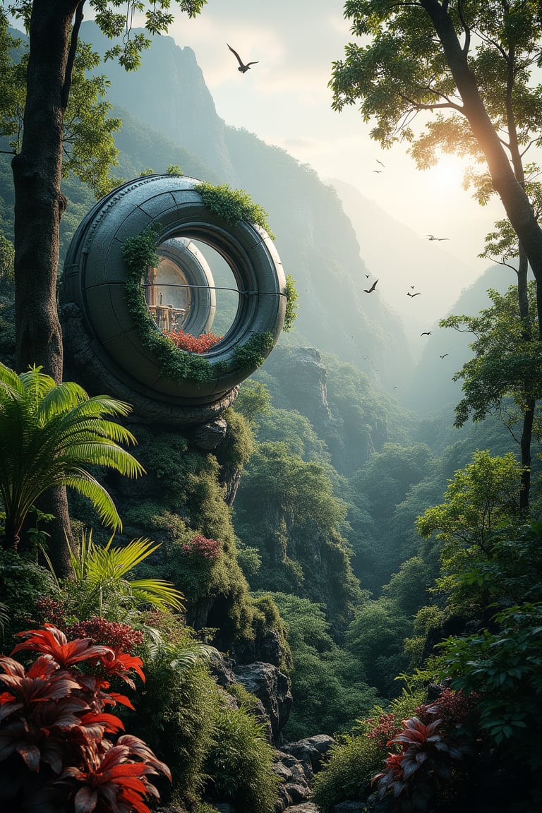 forest , tree , future, daytime, sun shine, future, asia, drizzle, futuristic architecture house, architecture assimilate into forest, palm tree, different species of asian forest plant, perspective depth of field, animal ,round & oval shape architecture house, wind, mountain bacground , bird fly, waterfall, colourful plant