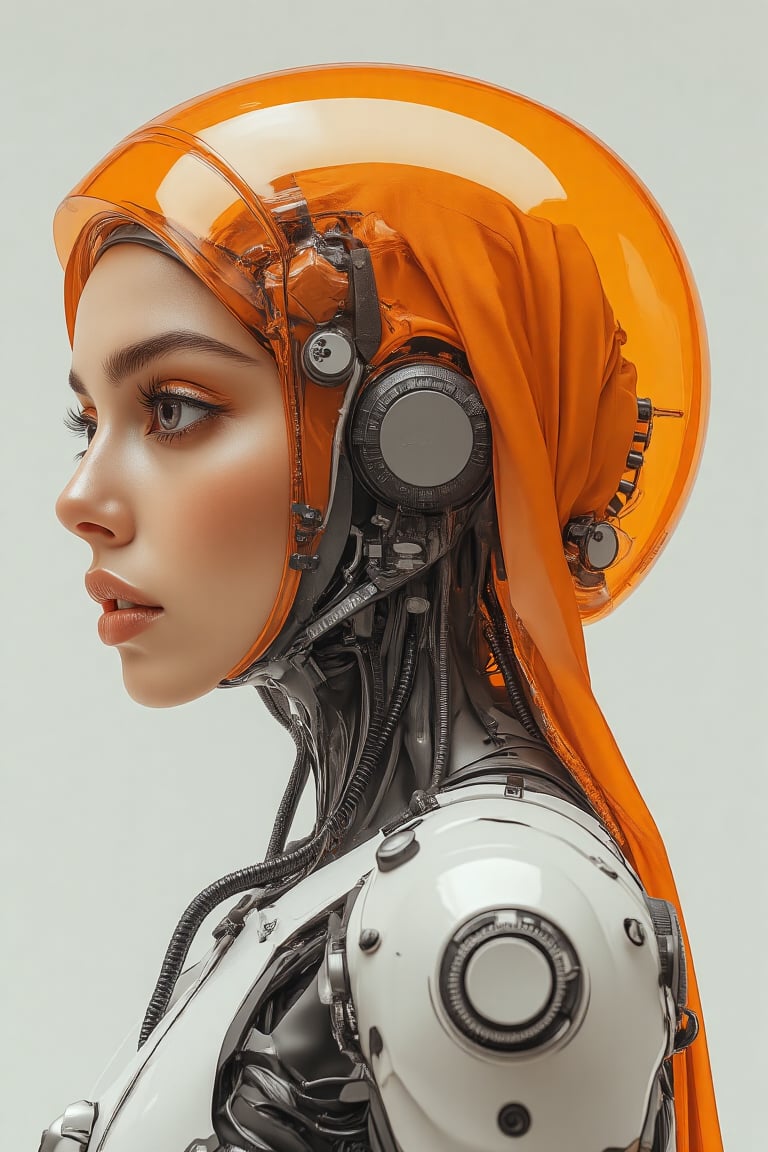 poster of A cyber spacepunk hijabis girl wear FULL VISOR orange transparent glass helmet armour  Orenz style, with long hijab and pashmina. she ALSO wear WHITE, ORANGE METAL LOOSE mecha armour SUIT OUTFIT, featuring black wires and tubes on its body, in profile view. the cyberpunk in dynamic action pose style.The style is futuristic sci-fi art with elements of dark gray and light bronze, showcasing hyper-realistic details. It has an illustrative quality to it with an emphasis on the character's head being transparent. This design incorporates elements from retro-futurism and neo-porcelain style. n dynamic modeling pose, cinematic style, high resolution, high detail, high quality, high contrast, professional photography, professional lighting, precise details, solid color background, masterpiece, best quality, highres, perfect artwork, best design award winner. hipster style