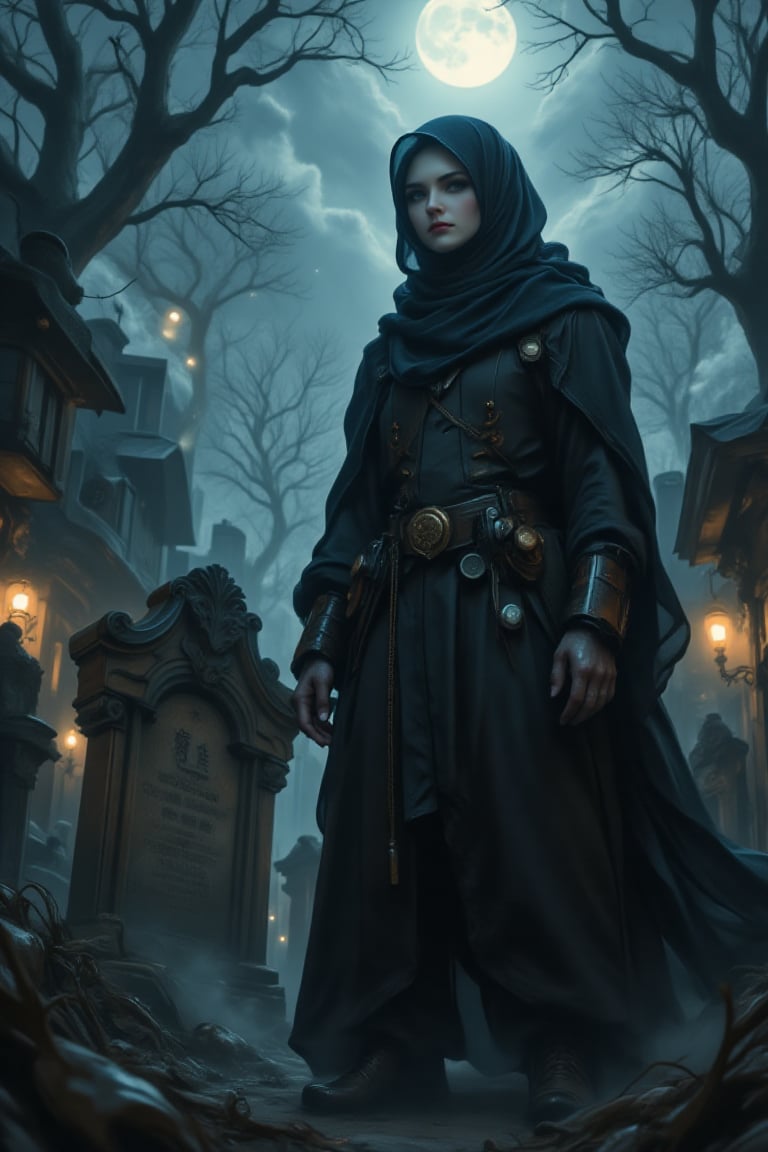 A surreal midnight scene: Niji, The Midnight Gravekeeper, wear mecha amour, long hijab and pasmina , stands vigilantly beside a weathered tombstone under a moonlit sky. His pale skin glows eerily in the soft light, while dark shadows define his angular features and grave-digger's cloak. A faint mist swirls around him, as if death itself whispers secrets in his ear.,Niji_The_Midnight_Gravekeeper,Film style,mecha armour