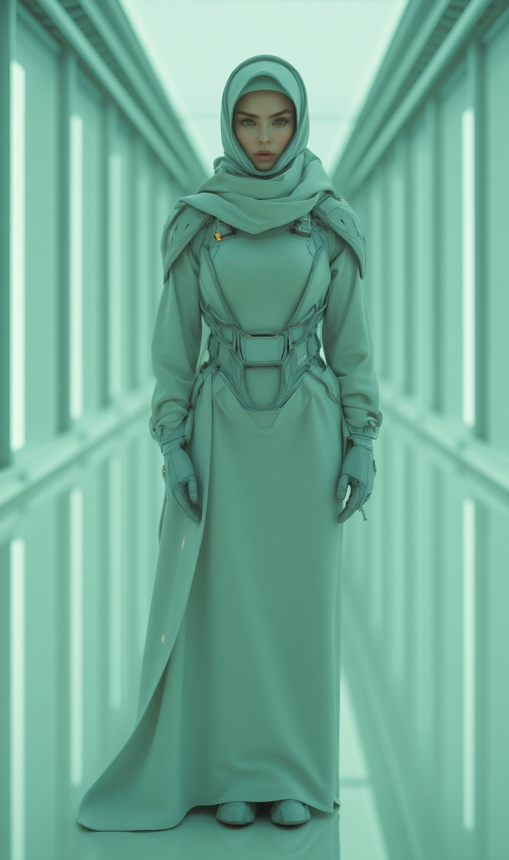 FUTURISTIC ISLAMIC CYBERPUNK WOMAN, She stands tall, exuding both grace and power, her perfectly styled WITH CYBERSHAWL AND LONG HIJAB. Dressed in a LOOSE ARMORED SUIT outfit, FUTURISTIC MINIMALIST STYLE—a sleek designer dress with bold accessories—she gazes directly at the camera with an air of sophistication and poise.  The background is a minimalist yet stylish backdrop, allowing her to command the viewer's attention(modern green, mint and cream colors)

realistic,detailed,sharp focus,high contrast,rule of thirds,depth of perspective,award-winning photo,chiaroscuro lighting,beauy_ks01,ek_art_b00ster,ek_ph0t0_b00ster