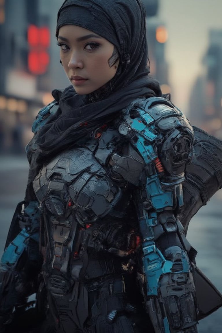 full photo of an beauty Asian girl wearing long hijab , her striking features illuminated by the neon glow of a cityscape at dusk. Her long hijab flows like a dark river down her back as she stands confidently, her eyes gleaming with determination. Her left hand is merged seamlessly with a massive battle mecha arm, metallic plates and wires visible beneath her skin. A cybernetic wing sprouts from her back, its sharp edges and glowing blue circuits a testament to her technological enhancements. She exudes a sense of strength and beauty in this futuristic world.