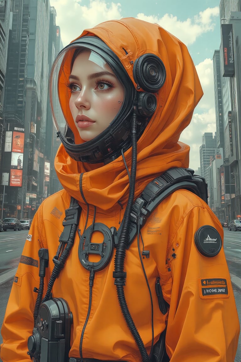 Comic art style. A full-body shot of an anime character in streetwear, with a realistic cyberpunk city background, a detailed illustration in the style of Atey Ghailan and Mary Blair, featuring vibrant colors, clean lines, and sharp details of A cyber spacepunk hijabis girl wear orange transparent glass helmet armour suit Orenz style, with long hijab and pashmina. she wear mecha armour , featuring black wires and tubes on its body, in profile view. the cyberpunk in dynamic action pose style.The style is futuristic sci-fi art with elements of dark gray and light bronze, showcasing hyper-realistic details. It has an illustrative quality to it with an emphasis on the character's head being transparent. This design incorporates elements from retro-futurism and neo-porcelain style. n dynamic modeling pose, cinematic style, high resolution, high detail, high quality, high contrast, professional photography, professional lighting, precise details, solid color background, masterpiece, best quality, highres, perfect artwork, best design award winner. hipster style,citypunk