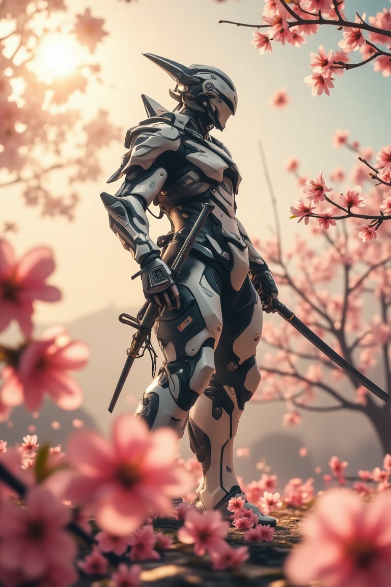 Photography image, film epic scene .A cyberpunk white red battle mecha samurai stands triumphantly amidst a haze of cherry blossom petals, wearing solid cybernetic alien mecha armour ,standing in dynamic action pose. Framed from a low angle, the camera captures his powerful stance, emphasizing his imposing figure against the serene landscape. The warm glow of sunlight casts long shadows behind him, as petals swirl in a gentle dance around his mighty form.,Film style