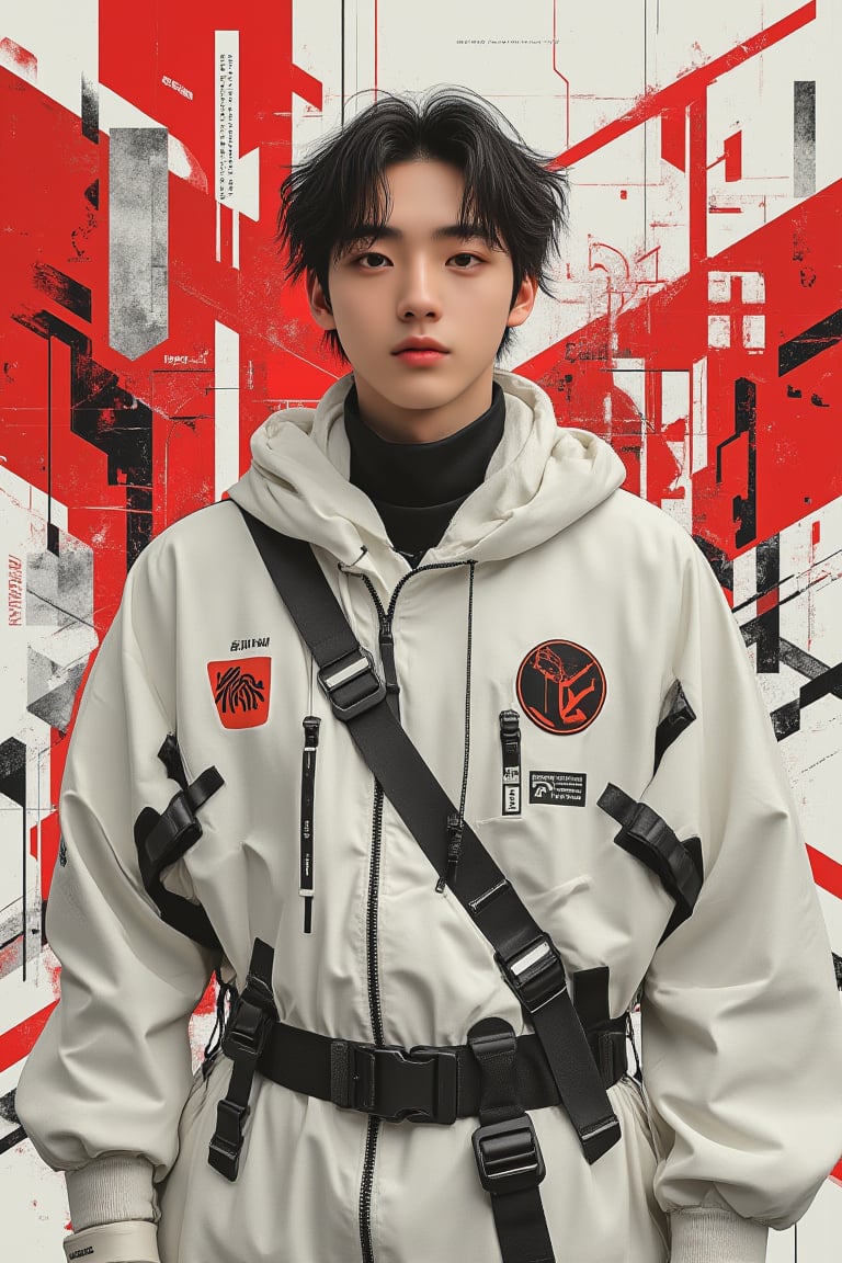 create poster 3d anime background design, graphiti art, hipster, 3d ilussion , hologram, graphic digital, grey, red white and black variant colors, free style, one young hipster man Fluxboys posing with white cyberpunk armored suit outfit at the center with style.