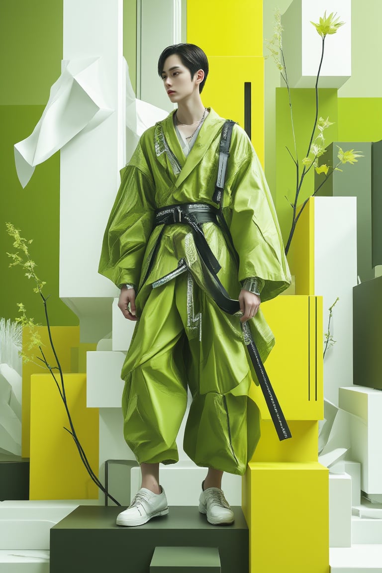 create poster 3d anime background design,  hipster, yellow+green+white variant colors, free style, one young hipster man Fluxboys posing at the center with fashion style neon samurai